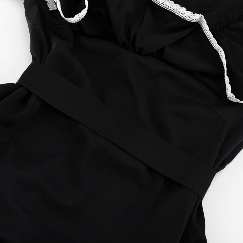 Svart Elegant For Kvinner Langermet Slank Høy Midje Minikjoler 2024 Sommerfolder Skjøte Ruffle O-hals Kjole Femme Frankrike Uformell aftenkjole Dame