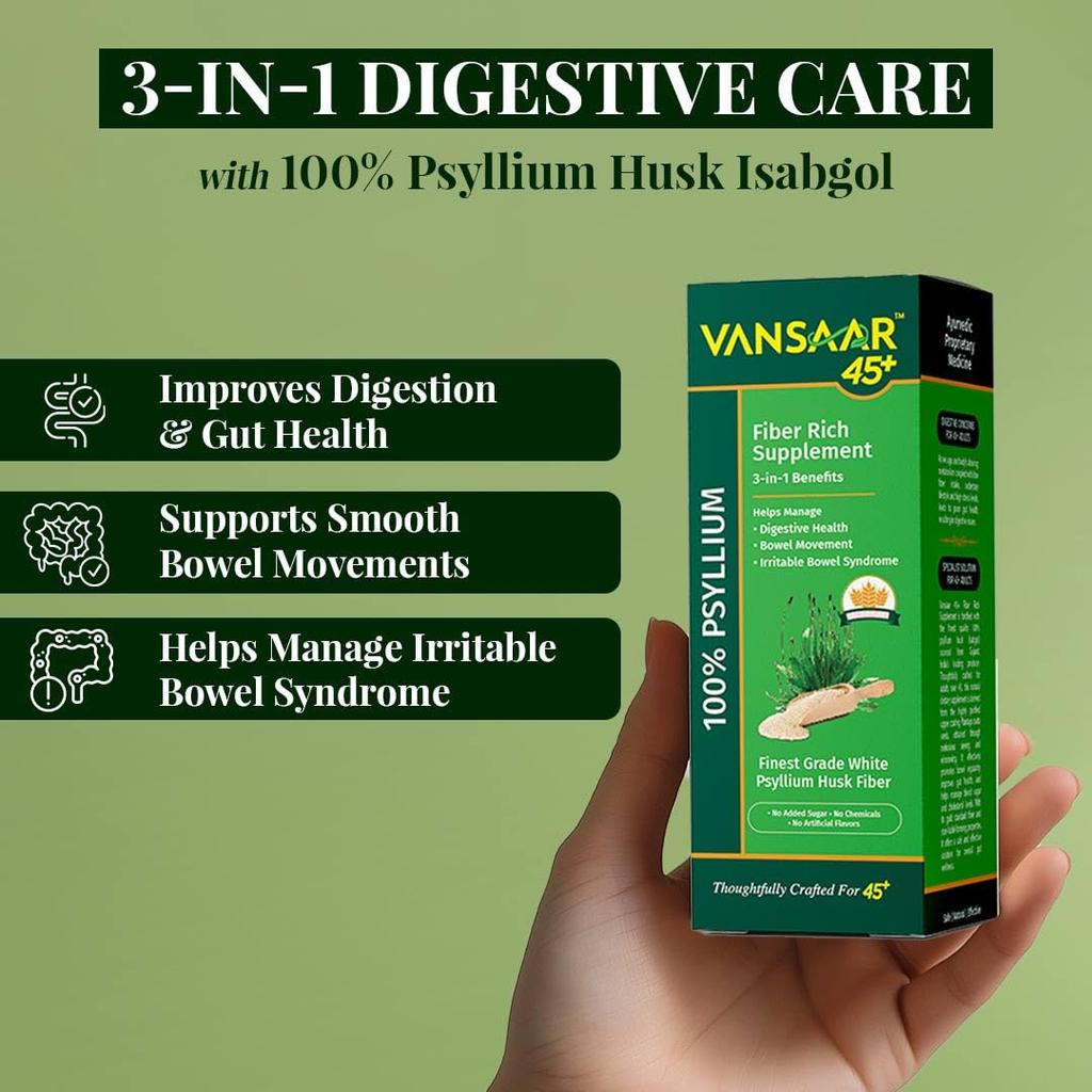 Vansaar 45+ Isabgol Fiber Supplement For Adults Over 45 Supporting Digestive Health, Natural Psyllium Husk Powder For Regularity 90 G Pack