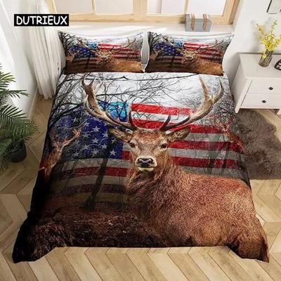 Deer Duvet Cover American Flag Elk Decor Bedding Set for Boys Teens Wild Animal Theme Comforter Cover Soft Polyester Quilt Cover Three-piece Set