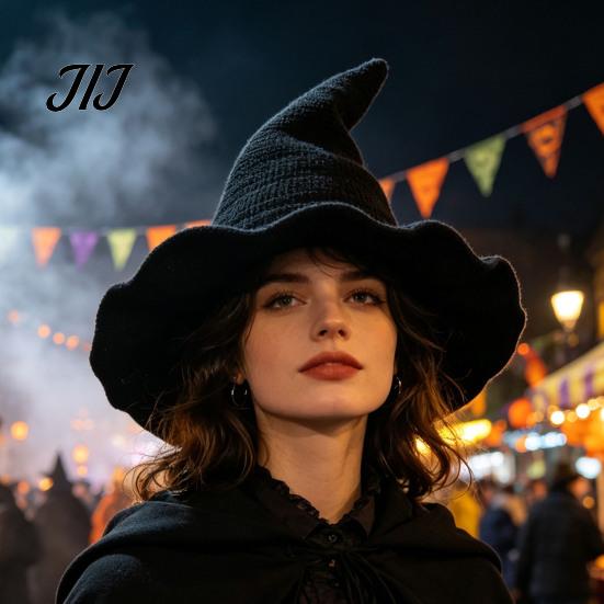 Witch Hat for Halloween Women Pointed Hat, Foldable Wide Brim Knitted Cap, Masquerade Party Prop Cosplay Autumn Winter, Themed Costume Accessory