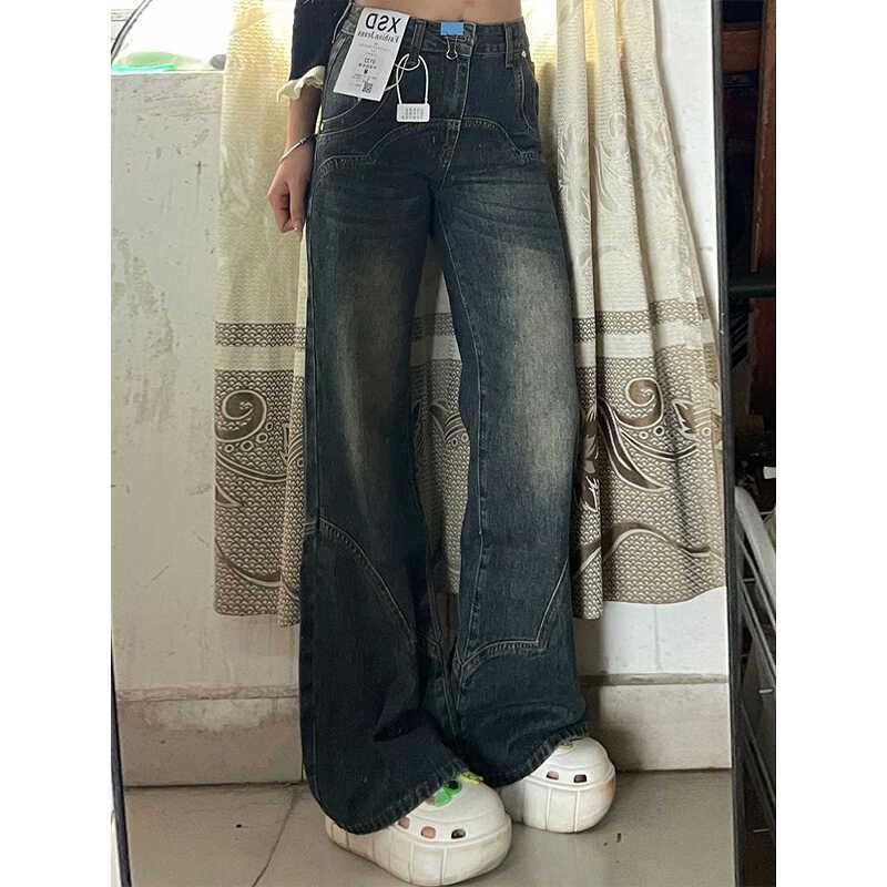 Small Sexy Style Mop Denim Female Vibe American Retro Patchwork Waist-Slimming Slim Looking Straight-Leg Wide-Leg Pants
