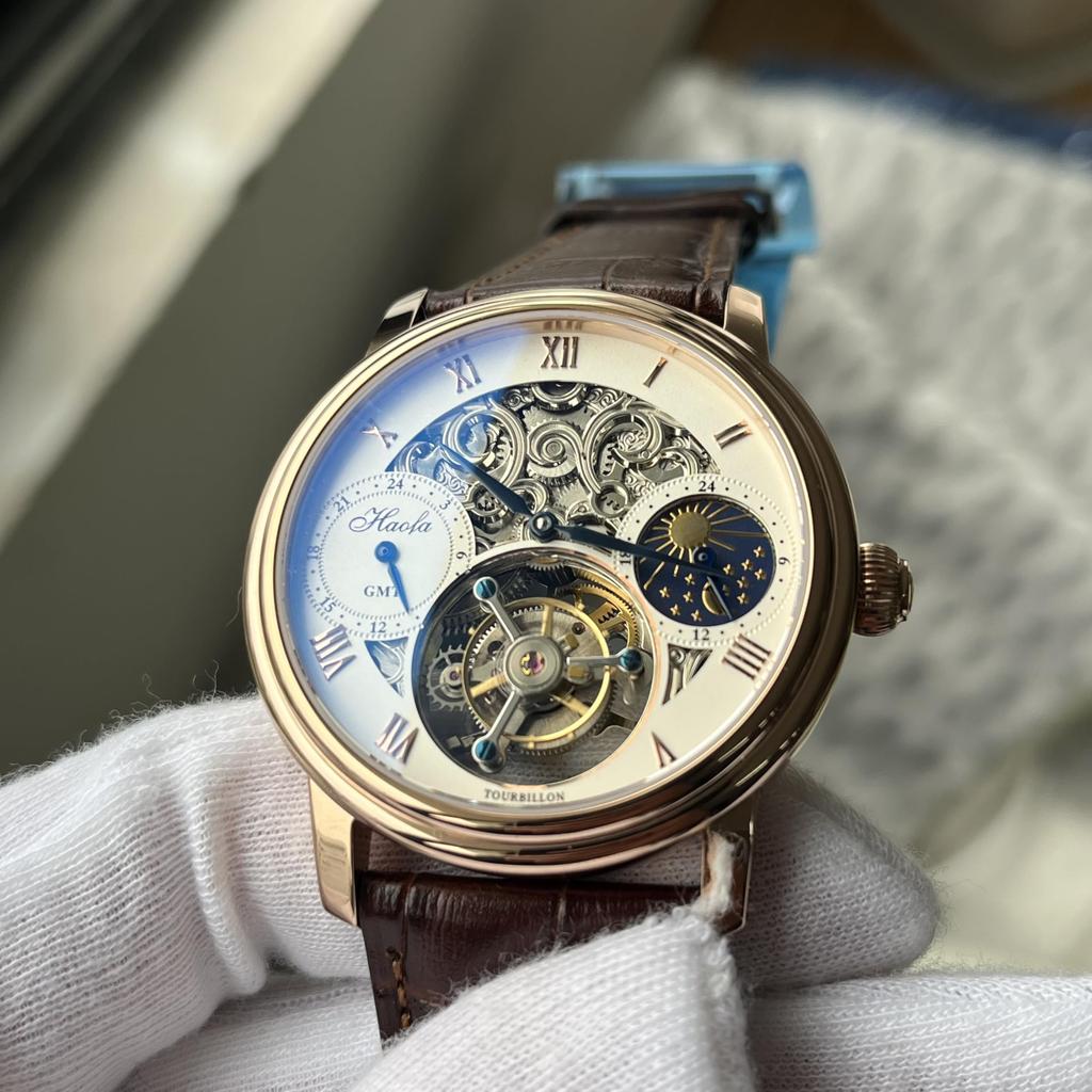 HAOFA Tourbillon Watch Mechanical Moon Phase GMT Genuine Leather Strap Hollow Engraved Dial Business Stylish Waterproof Arm Watch Men's Men's