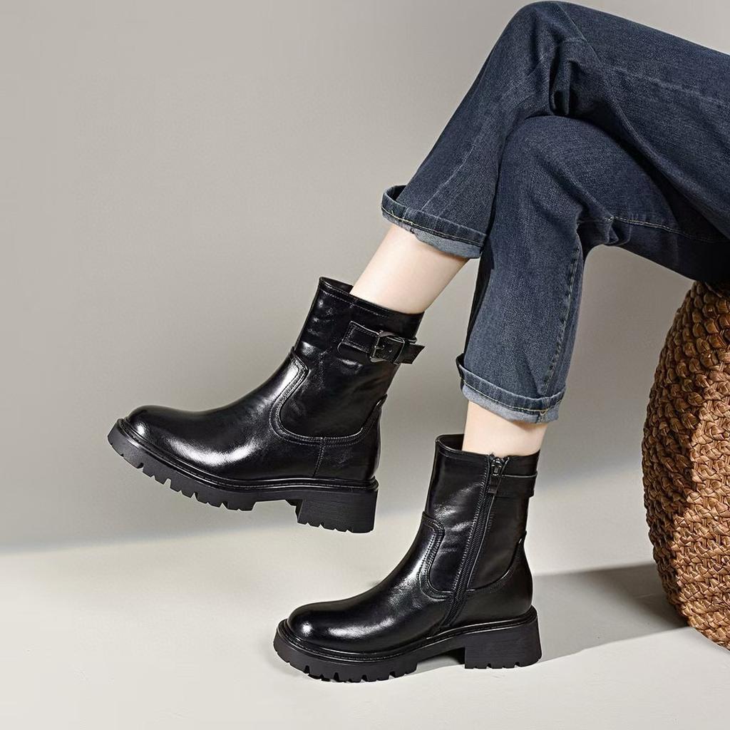 Medium Boots Women's Autumn and Winter Simple Handsome Personality Martin Boots Flat Cowhide Straight Boots Women's Leather Boots