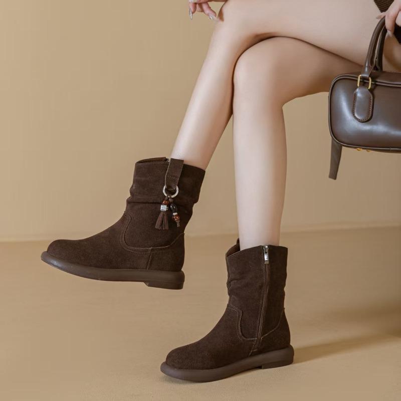 Versatile Shoes, Mid-calf Boots, Women's Flat Boots, Round-toed Slimming Boots, Retro and Fashionable Boots