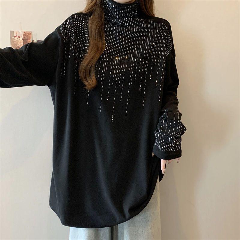 Plus Size Rhinestone Velvet High Neck Hoodie for Women - Autumn/Winter Loose Fit Cover Flaws Top