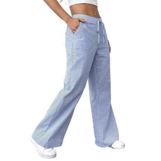 

Women Long Pants Elastic Waist Striped Design Straight Wide Leg Trousers with Pockets Relaxed Fit Leisure Pants XXL небо синє кольору