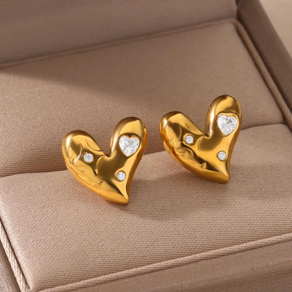 Inlaid Zircon Heart Stainless Steel Stud Earrings for Women Gold Color Wedding Aesthetic Earrings Jewelry Matching Accessories