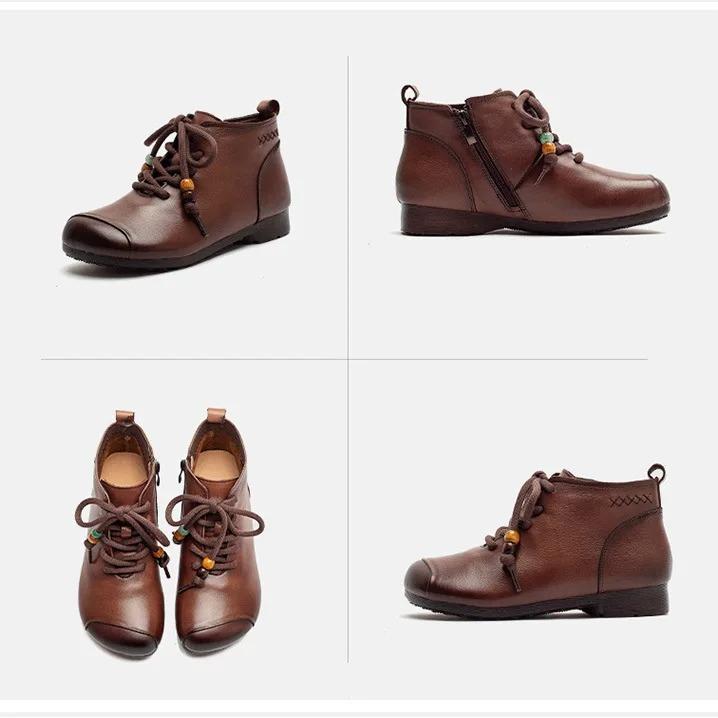 Johnature Retro Round Toe Genuine Leather Ankle Boots Versatile Soft Soled Comfortable Women's Shoes