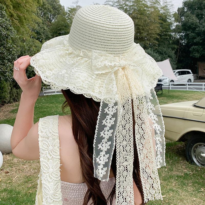 Summer Bow Sun Hat Female, Seaside Beach Vacation Sun Hat Outdoor Big Brim Sun Hat Sweet Straw Hat