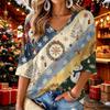 Top Casual da Donna con Scollo a V, Stampa Natalizia e Maniche a Tre Quarti