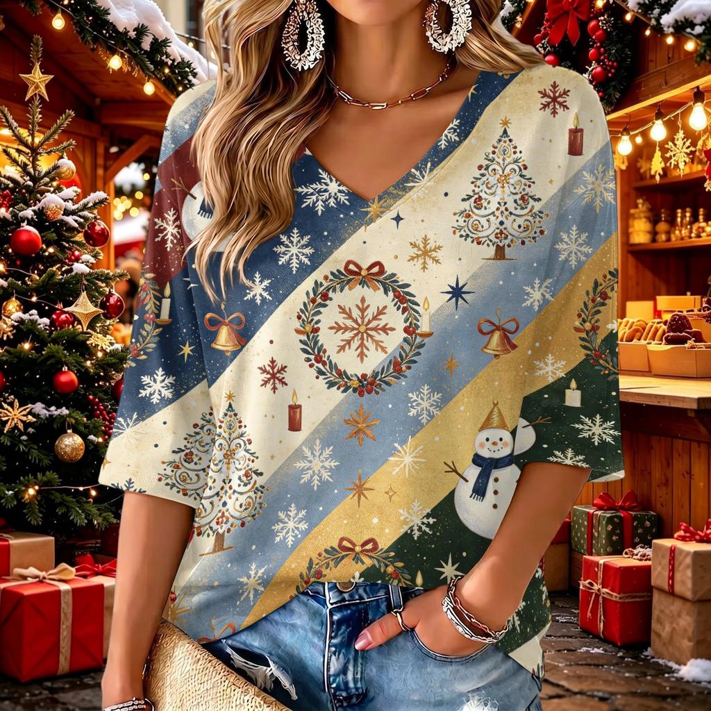Top Casual da Donna con Scollo a V, Stampa Natalizia e Maniche a Tre Quarti