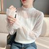 Fleece Lined Brushed Lace Shirt Base Layer Autumn Winter Striped Flocking Versatile Top Sweater Inner Mesh