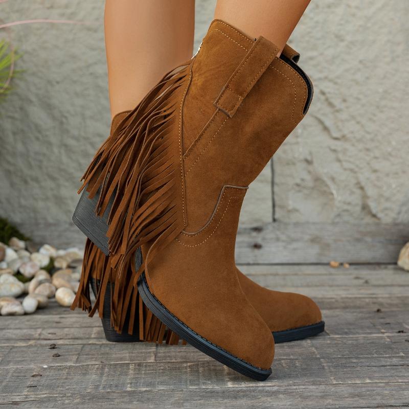 Fashion Women Ankle Boots Fashion Slip-on Wedge Shoes Female Pointed Toe Western Boots Women New Tassel Chunky Heels Shoes for Women