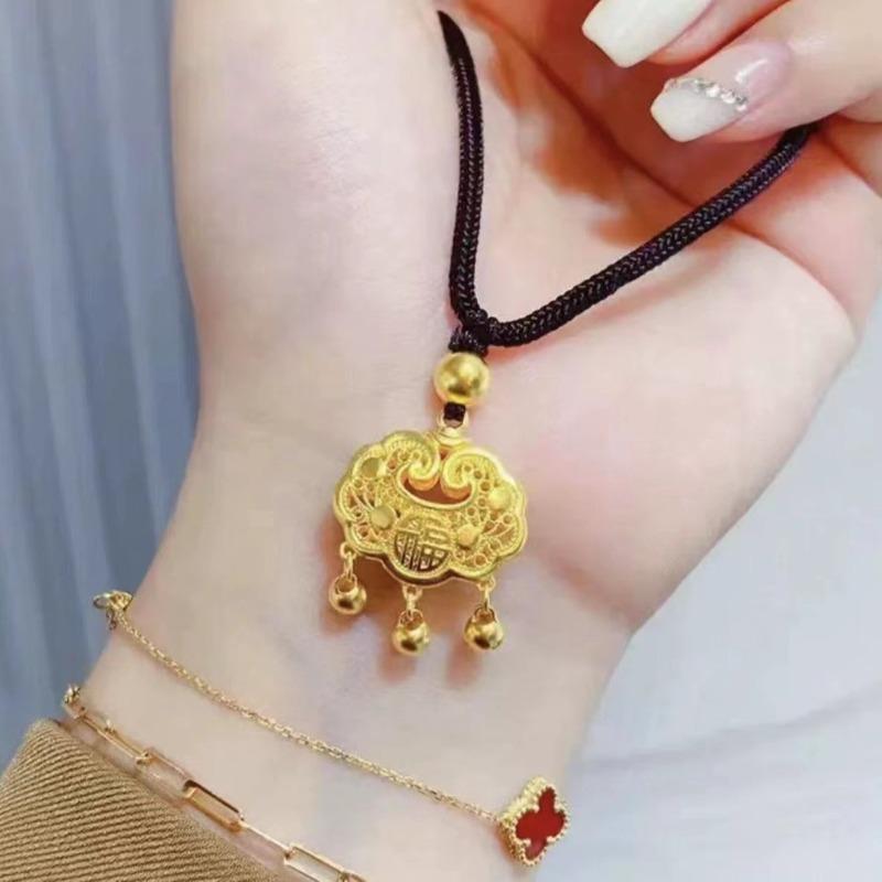 Silver Lock Safety Lock Silver Necklace Female Guochao Bell Hollow Long Life Lock Pendant Versatile