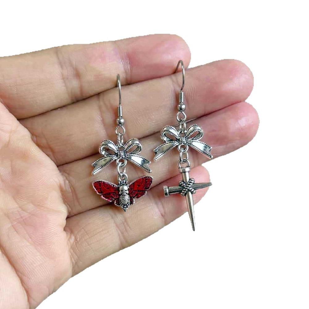 Gothic Sliver Color Stainless Steel Bowknot Nail-cross Moth Skull Head Asymmetric Dangle Earrings for Women Halloween Jewelry