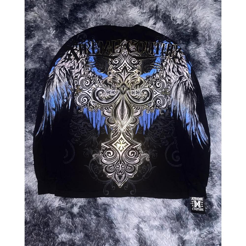 Y2K Affliction Long Sleeved T Shirt Fashion Round Neck Oversized T-shirt Men Wing Printing Casual Gothic Tops Streetwear