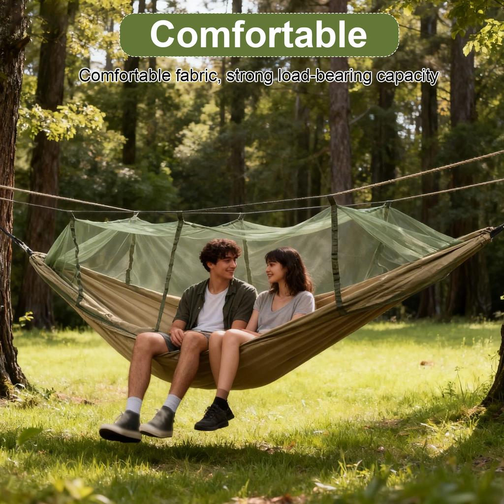 Camping Hammock with Net Tree Friendly Straps Storage Bag Portable for Hiking Backyard Relaxing Camel Green