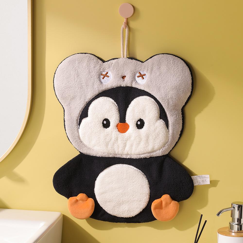 Penguin Coral Fleece Hand Towel - Extra Large & Thick, Hanging, Dual-Use, Water Absorbent, Quick-Drying, Non-Shedding