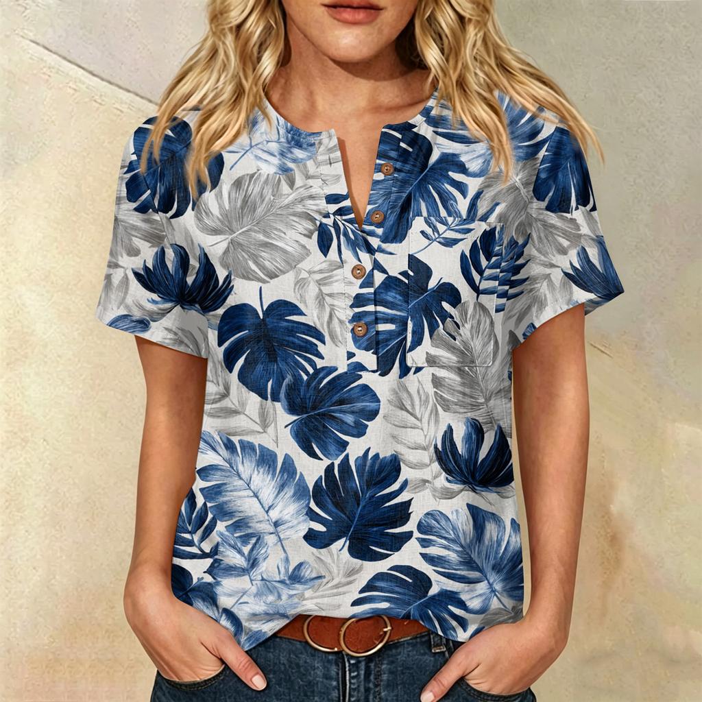 Damen Kurzarm Henley-Hemd mit Brusttasche Leichte Baumwoll-Leinen-Mischung Tropischer Print Lässiges Sommeroberteil