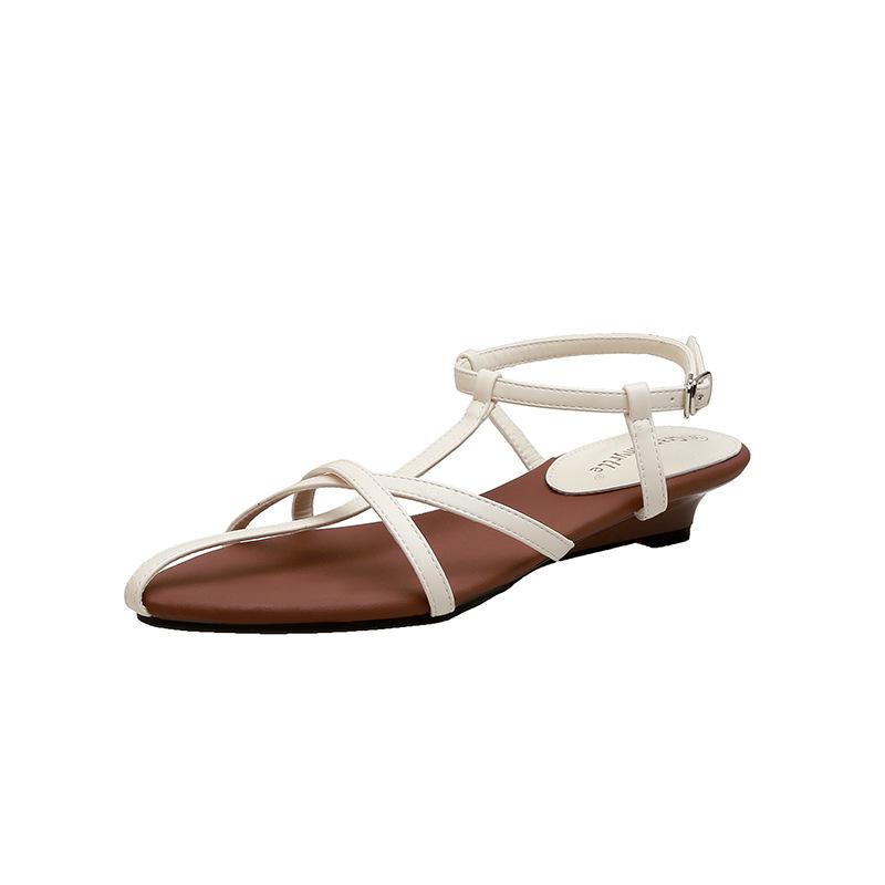 French Strap Sandals Women's Shoes 2025 Temperament Pointed Wedge Heel Versatile Simple Style Word with Temperament Flat Sandals