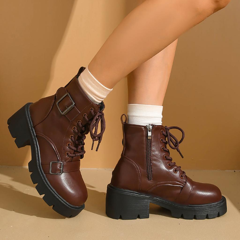 Damen Schnürstiefel mit rundem Zehenbereich, kurzem Schaft und eckigem Absatz für Outdoor, Reisen, Freizeit, mit Knöchelunterstützung