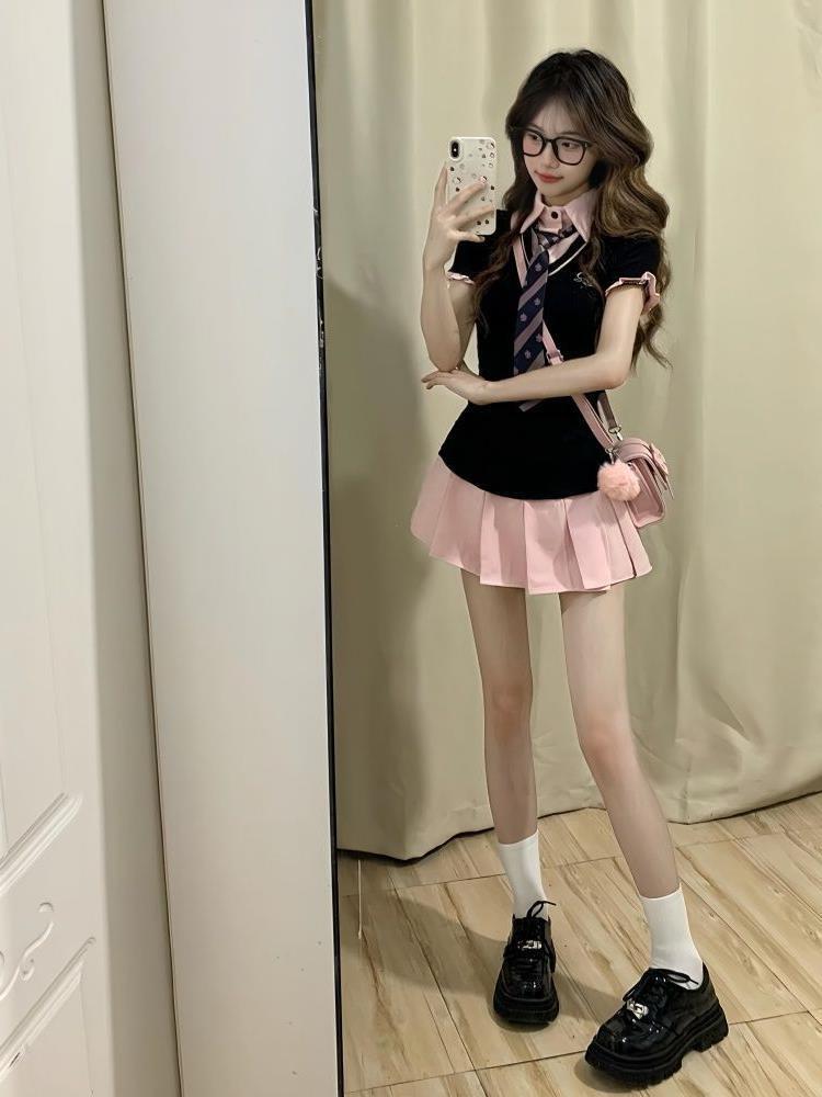 College style fake two-piece Polo collar short-sleeved dress summer American sweet and spicy waist and thin JK pleated short skirt