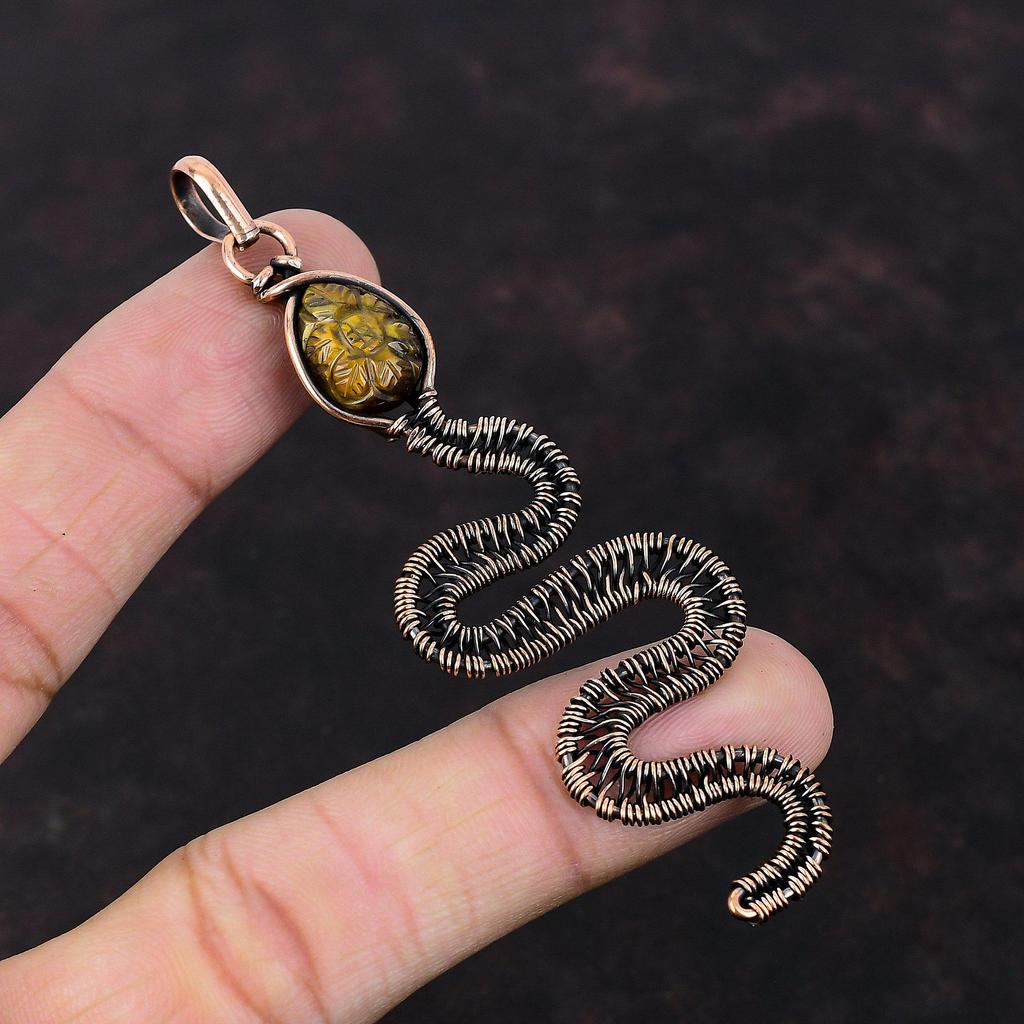 Carved Tiger's Eye Pendant Copper Wire Wrapped Pendant Snake Pendant Gemstone Copper Jewelry Handmade Pendant Wire Wrap Jewelry Gift For Him