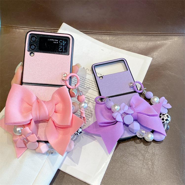 Applicable To Samsung ZFlip5 Mobile Phone Case Folding Screen Solid Color Leather Case Zflip4 Butterfly Portable Chain Back Cover Protective Case