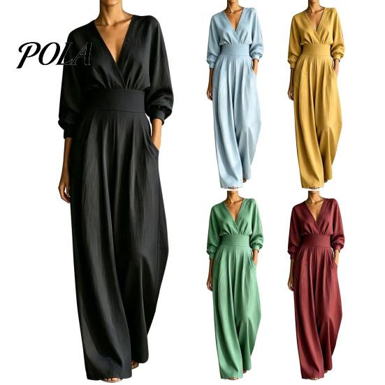 Lightweight Polyester Jumpsuit Women's Long Sleeve Jumpsuit, Deep V Neck Loose Wide Leg Comfortable Women Rompers, High Waist Summer Casual One Piece