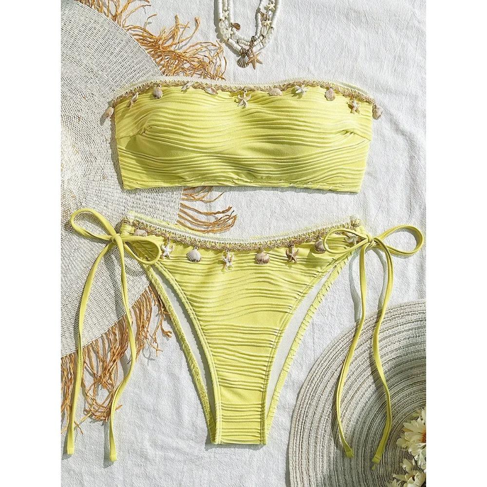 XS - XL Bandeau Wrinkled High Cut Bikini Women Swimwear Female Swimsuit Two-pieces Bikini Set Shell Bather Bathing Suit Swim