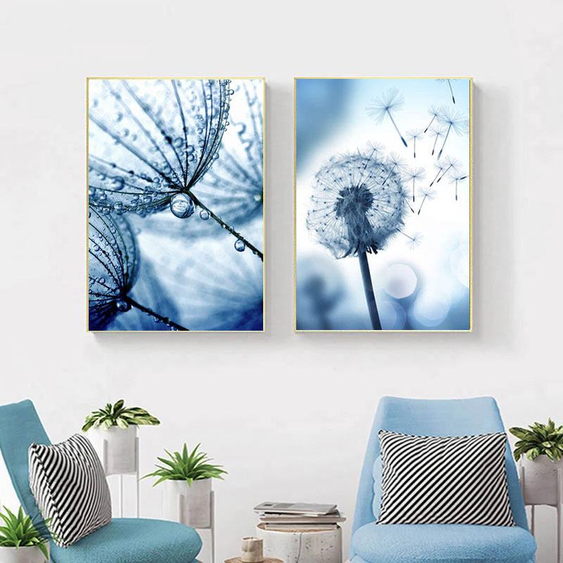 Blaue Pflanzen und Blumen Gemälde Löwenzahn Wandkunst Leinwand Gemälde Sukkulenten Wandbilder für Wohnzimmer Dekor Poster
