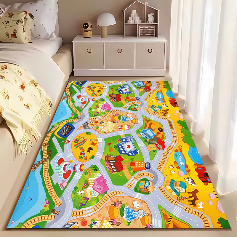 Town Map Pattern Play Rug for Kids Non-slip rug suitable for living room and bedroom sofas.