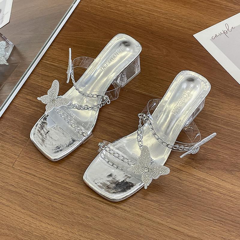High Heels Women's New Chain Butterfly Sandals In the Summer of 2024 Women's Versatile Rhinestone Crystal High-heeled Slippers