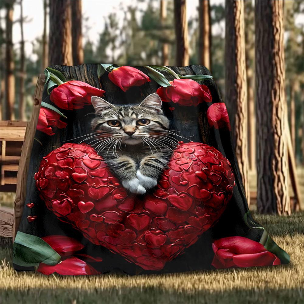 1pc Cat Heart Tulips Outdoor Flannel Blanket , Machine Washable Perfect Gift for Birthday , Holiday Travel Accessory , Durable Material