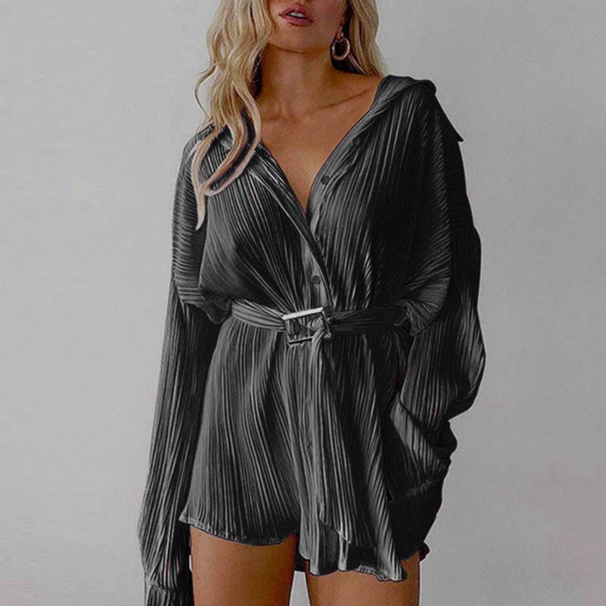 Women s New Arrival Shirt Collar Long Sleeve Dress Elastic Waist Ruched Tie Waist Fashion Casual Dress S чёрный