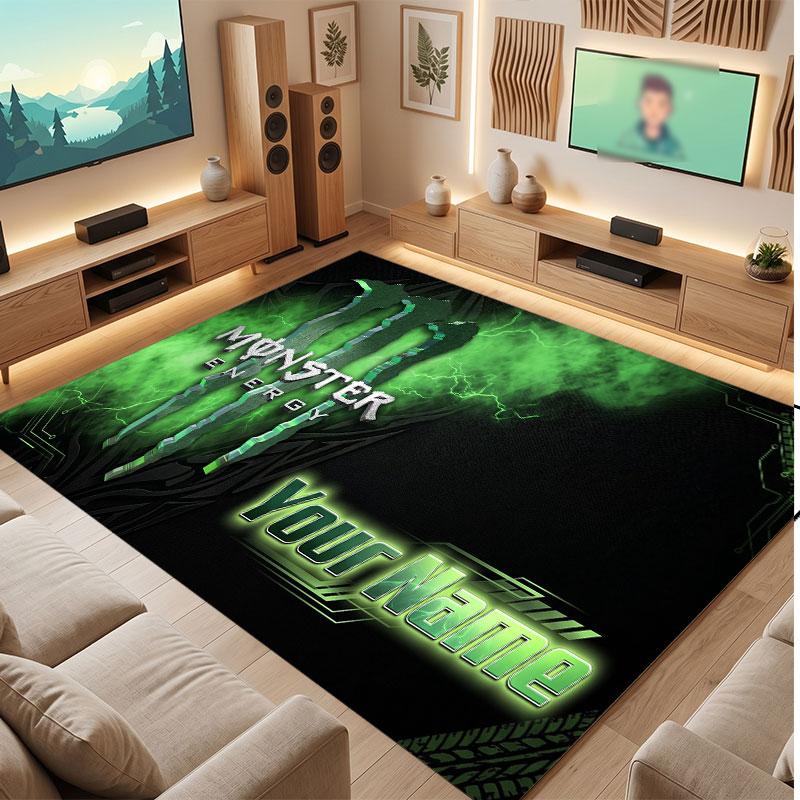 Monster Energy Personalisierter Kristall-Samt-Teppich, Benutzerdefinierter Namens-Text Weicher Anti-Rutsch-Teppich für Wohnzimmer Schlafzimmer