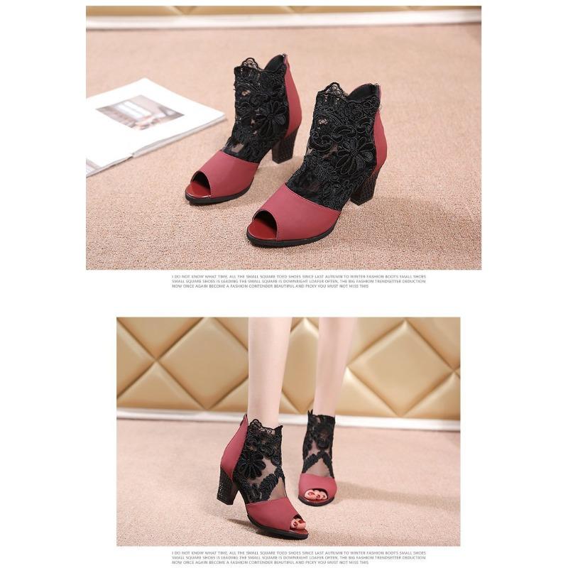 Damen Sommer und Herbst Neu Mesh Hohl Fischmaul Damen Sandalen Große Größe Dicker Absatz Atmungsaktive Spitze High Heels