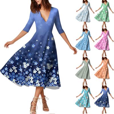 A Fashionable Mid-Sleeved Mid-Length Dress With Floral Prints And A Sexy V-Neck