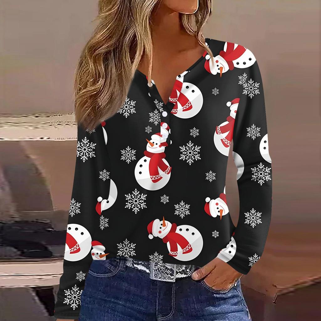Damen T-Shirt mit Weihnachtsdruck, Knopfleiste, lange Ärmel, für den Alltag, Wochenende, modisch, Basic, V-Ausschnitt, normales Oberteil
