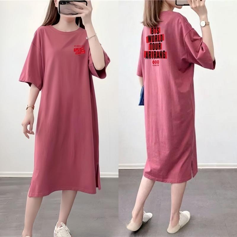 Vestito T-shirt Rotondo Larga Taglia con Fantasia Stampata, Modello Lungo, Camicia da Notte da Donna Stile Rilassato al Ginocchio