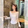 Fake Design Sense Two Pieces One-word Shoulder Swing Collar Long-sleeved Bottom T-shirt Women's Early Autumn Slim-fit Horn-sleeved Small Top