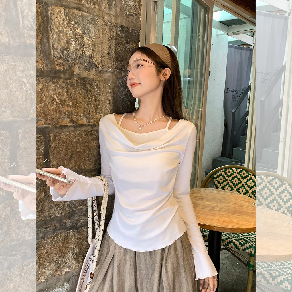 Fake Design Sense Two Pieces One-word Shoulder Swing Collar Long-sleeved Bottom T-shirt Women's Early Autumn Slim-fit Horn-sleeved Small Top