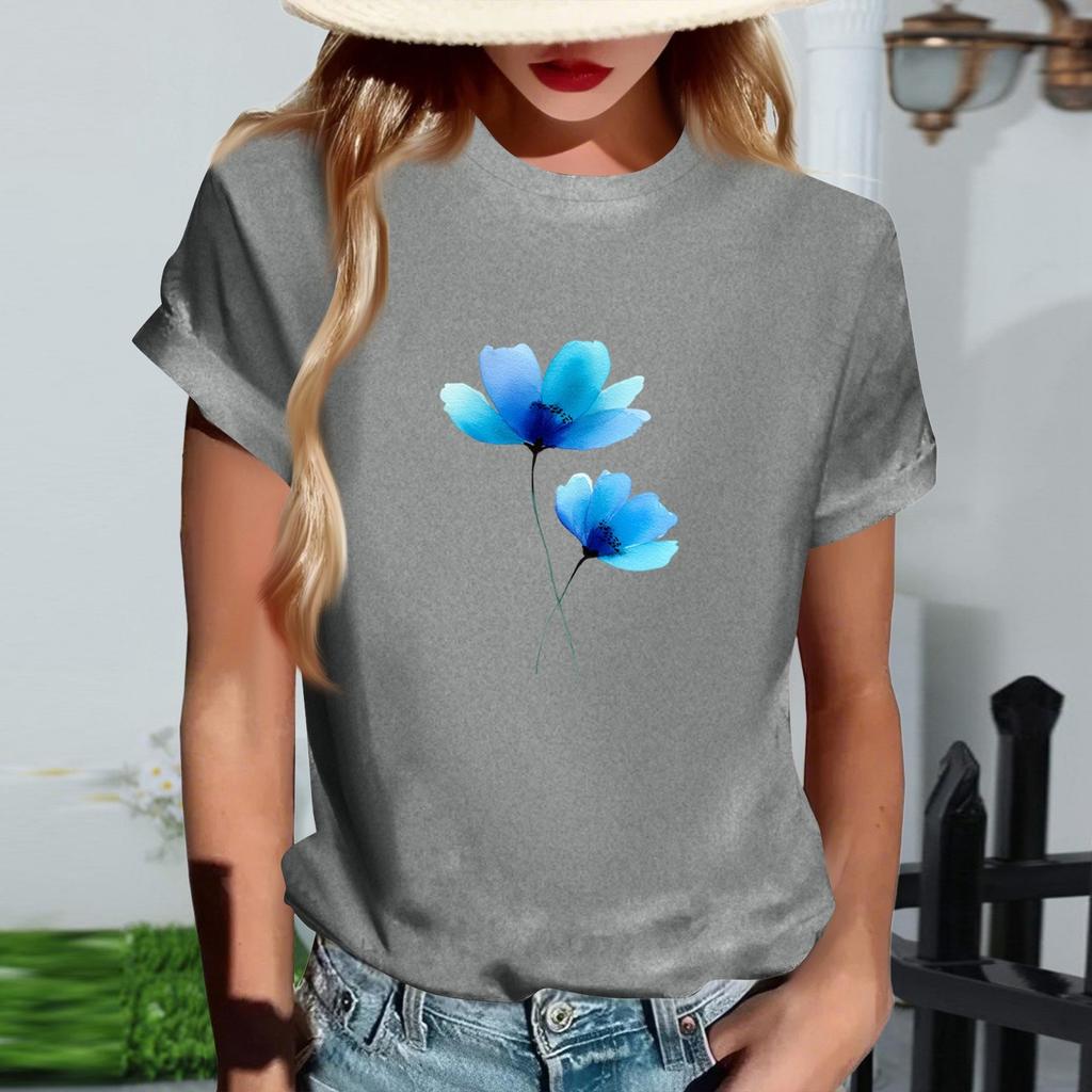 Damen Modisches Rundhals Casual Retro Print Kurzarm T-Shirt Top