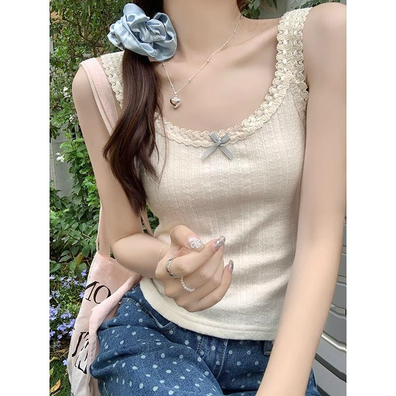 Pure lustful lace bow ice silk thin 2024 summer new vest suspender sweet slimming top