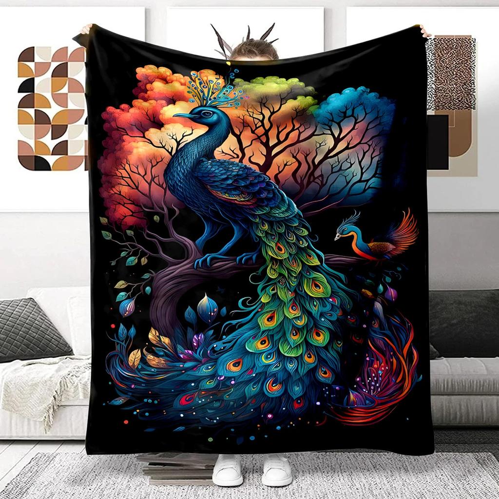 Colorful Peacock Picture Digitalprinted Polyester Bedroom Velvet Flannel Cover Blanket Fleece Soft Sofa Cover Blankets for Beds
