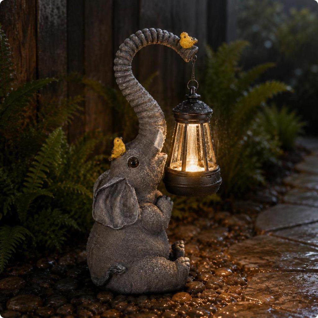 Animal Figurine & Outdoor Ornament Waterproof Solar Elephant Lantern Automatic Night Lighting Resin