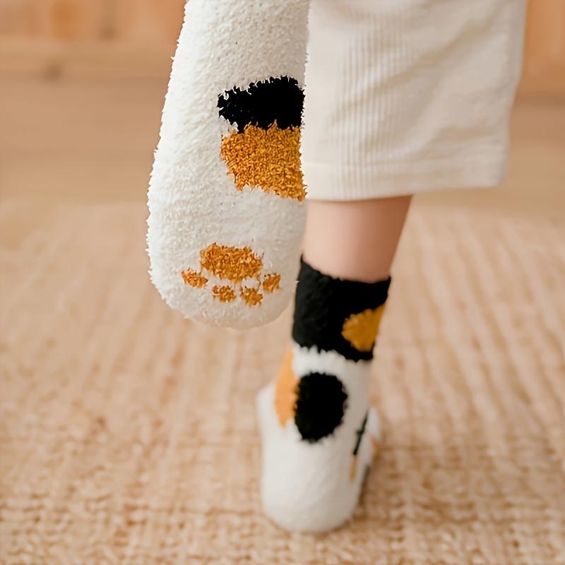 Autumn&Winter 3 Pairs Women's Cat Paw Pattern Thermal Socks,Fuzzy Soft Comfortable Coral Fleece Striped Cute Design Warm Floor Socks for Cold Weather