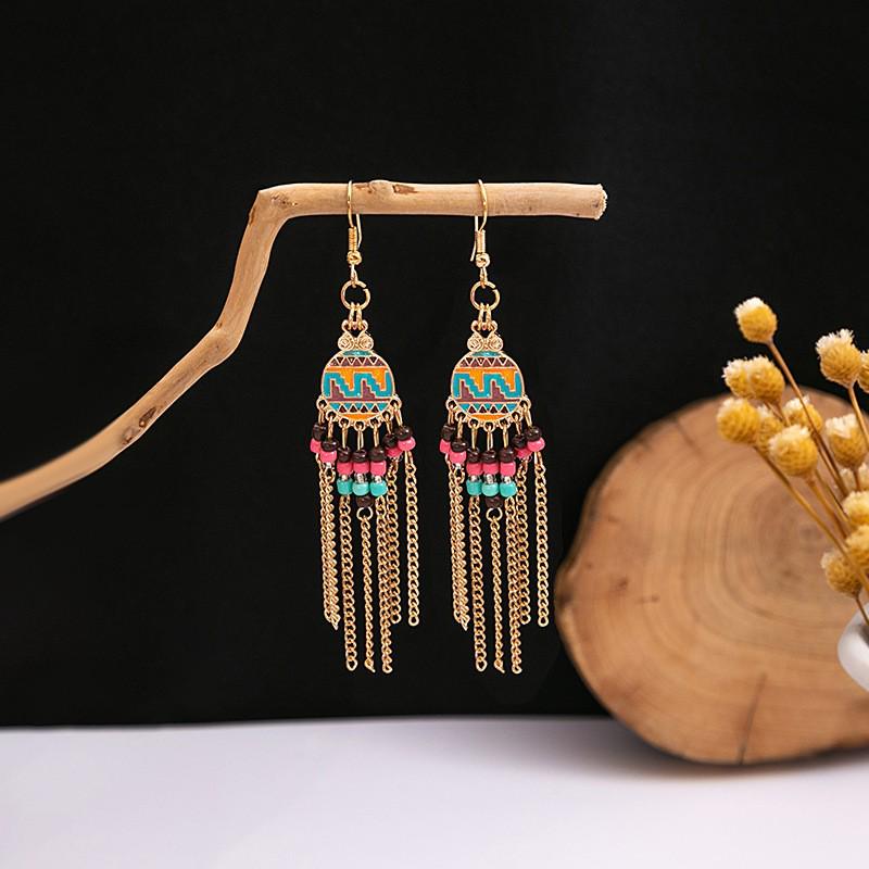 Elegant Bohemian Tassel Stud Earrings - Retro Ethnic Dangle Design
