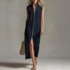 2026 Sleeveless Zipper Stand Collar Slit Casual Summer Dress - European & American Women's Fashion
