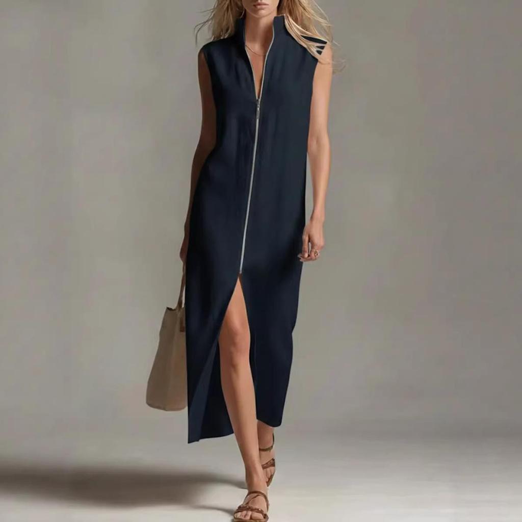 2026 Sleeveless Zipper Stand Collar Slit Casual Summer Dress - European & American Women's Fashion
